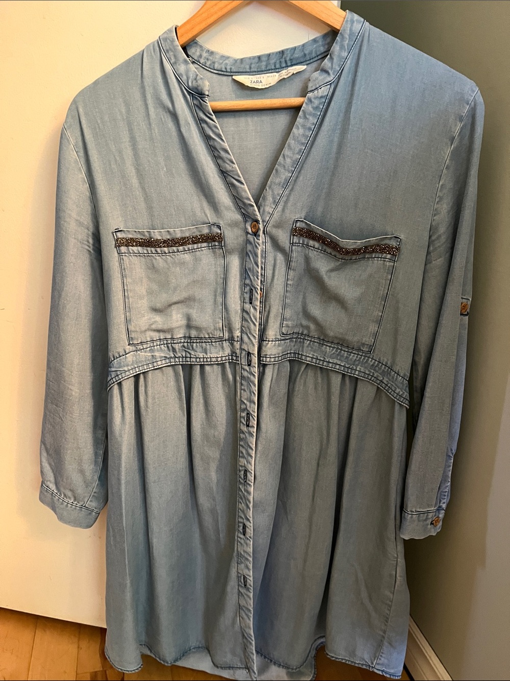 Zara Light Denim Blue Tunic with Pocket Trim
